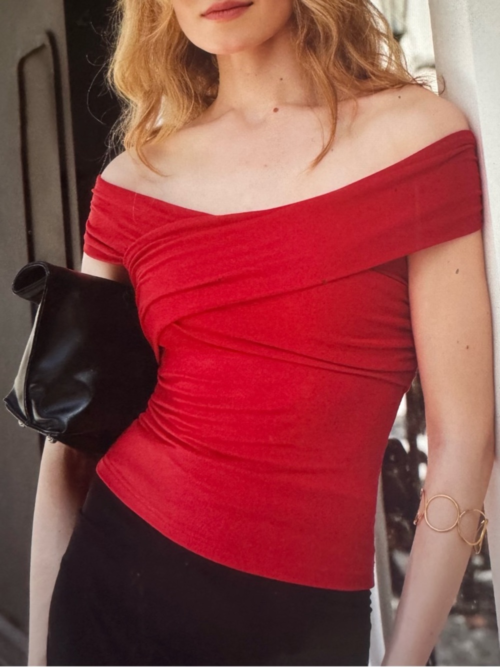 OGL Red Off-Shoulder Ruched Crop Top